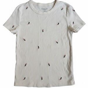 American Eagle Women S Ribbed T-Shirt Cream Embroidered Floral Rose Coquette Bas